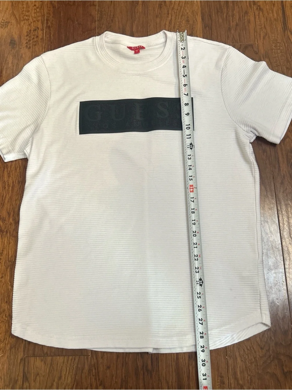 Guess White Short Sleeve Ribbed Crewneck with Black Logo Panel - Picture 3 of 6
